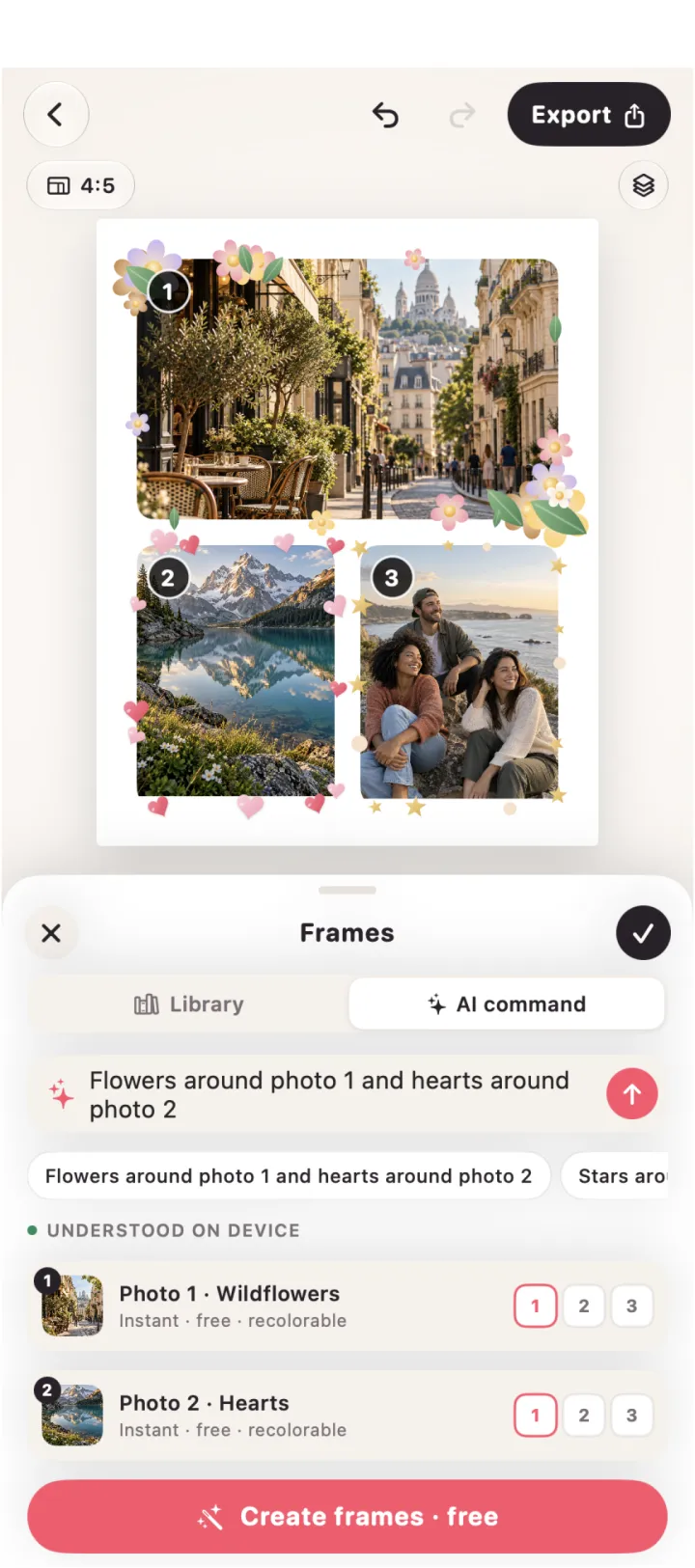 Collage Easy frames panel following a typed command
